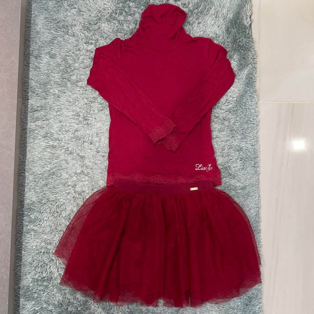 LIU JO Red Raspberry lace trim turtleneck top Matching Tutu Skirt size6 Girls